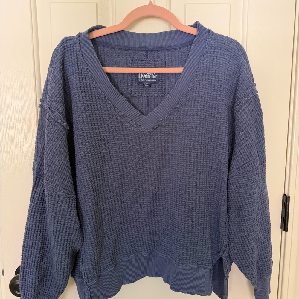 American Eagle V-Neck Waffle Knit Sweater - Blue